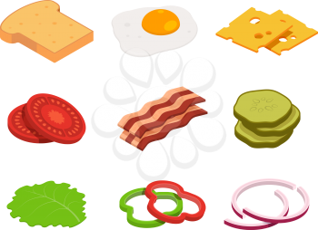 Sandwich isometric. Constructor of food with various ingredients. Sandwich food, cheese and tomato for hamburger, lunch bread for cheeseburger illustration