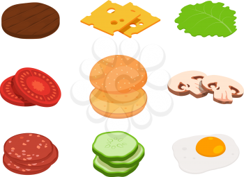 Burger isometric. Constructor of burger with different ingredients. Burger hamburger, sandwich american isometric. Vector illustration