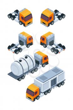 Trucks isometric. Pictures of various freight and cargo transport. Vector cargo freight, truck vehicle 3d illustration