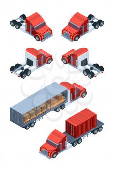 Various freight transport. Pictures of isometric trucks. Vector truck 3d car, isometric vehicle transportation illustration