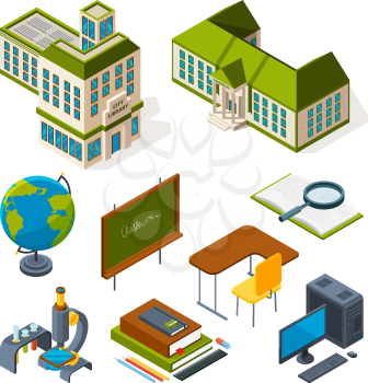 School and education isometric. Back to school 3d symbols. Vector blackboard and globe, desk and computer, microscope amd book illustration