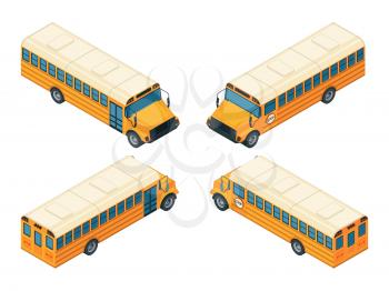 School bus isometric. Various views of school bus. Vector school bus transportation illustration