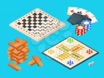 Board games. Vector isometric pictures of various boards games. Table game, block pyramid, checkers and play cards illustration