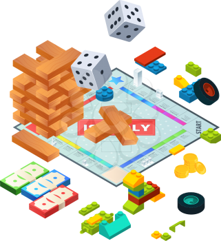 Composition of various boards games. Isometric background pictures of board games. Wooden game block, pyramid constructor, dice and cube illustration