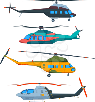 Helicopter Aviation. Helicopters cartoon. Avia transportation isolated on white. Vector transportation with propeller, airscrew flight illustration