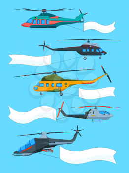 Flying helicopters with banners. Advertizing banners on avia transport. Advertisement message poster attached to helicopter. Vector illustration