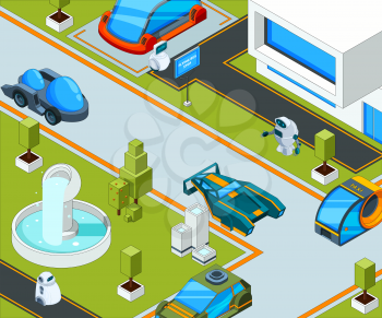Futuristic city with transport. City landscape with various automobiles. Transportation city, futuristic automobile traffic. Vector illustration