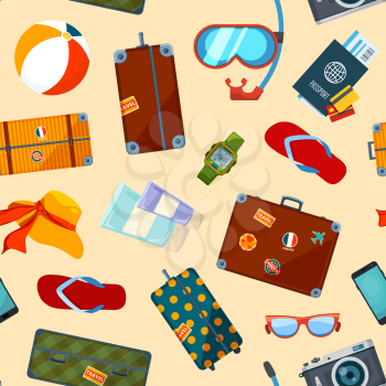 Pattern with summer symbols. Seamless pattern with suitcase and summer icons. Travel and tourism, vacation background, vector illustration