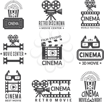 Video labels set. Cinema production badges in monochrome style. Cinema film center, movie and entertainment, production cinematography, vector illustration