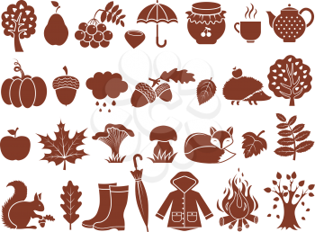 Silhouette of autumn symbols. Monochrome icons set of autumn. Silhouette autumn leaf and object, food and animals illustration
