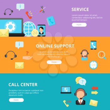 Banners set of call center support. Horizontal banners template with online support concept pictures. Support call online service, banner help center illustration