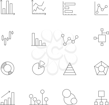 Icons of charts and diagrams. Mono line pictures of various business diagrams. Business chart and diagram, information data presentation. Vector illustration
