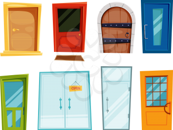 Closed doors of different types. Vector illustrations in cartoon style. Home door closed, doorway front