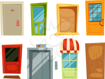 Decorative doorway and different retro doors in cartoon style. Vector pictures set of door for house and home, illustration of entrance and exit doors