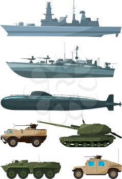 Warships and armored vehicles of land forces. Military transport support. Army marine transport, warship and land vehicle machine illustration