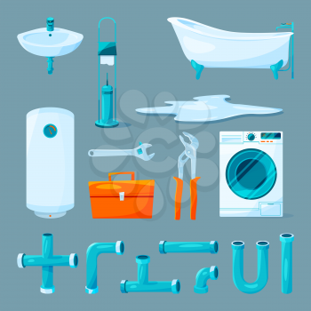 Toilet and bathroom furniture, pipe and different equipment for plumber work. Bath interior, pipe and brush illustration