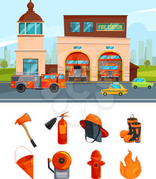 Municipal building of fire station services. Vector pictures isolate on white. Fire station and firehouse, equipment for fire department illustration