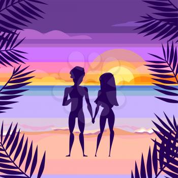 Loving couple on the beach. Sunset. Cartoon style. Beach and sun, people love and romantic, vector illustration