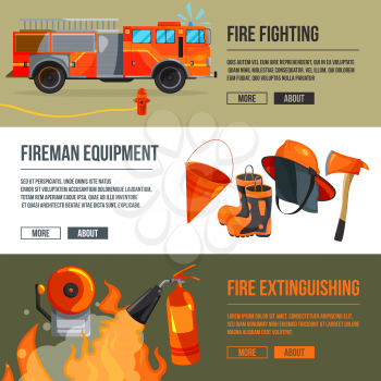Horizontal banners set of fireman tools pictures. Firefighter in big flame. Vector illustrations with place for your text. Fire extinguishing and fire equipment
