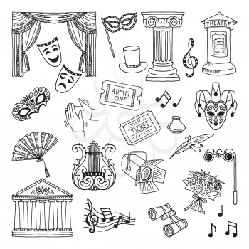 Doodle illustration set of theatre symbols. Lira, binoculars, masks. Opera vector icons binoculars and opera show vector