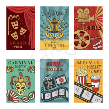 Posters design set with theatre and cinema symbols. Vector illustrations isolate. Collection of theater and cinema banner entertainment