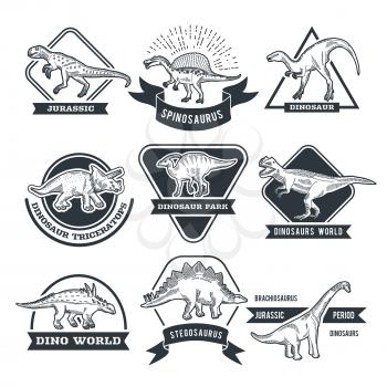 Monochrome grunge labels set with different dinosaurs. Jurassic park label collection illustration