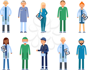 Medical personal. Male and female healthcare professionals. Vector illustrations in flat style. Medical doctor surgeon, team of paramedic, dentist and practitioner