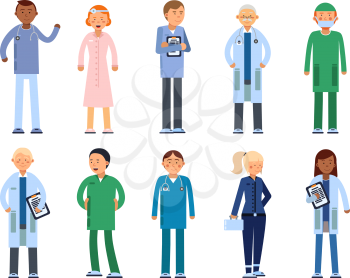 Healthcare people in hospital. Pharmacist, doctor, nurse and other medical characters doctor, surgeon and pharmacist, paramedic specialist in uniform. Vector illustration