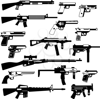 Military set of automatic guns, pistols and other weapons. Monochrome illustrations isolate. Automatic gun and rifle black white style