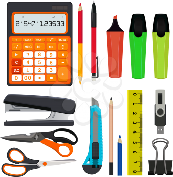 Pencils pens and other different office stationery vector illustrations set isolate on white. Stapler and ruler, flash drive and calculator