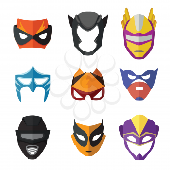 Different superheroes masks for kids. Vector illustrations in flat style. Superhero coolored mask costume collection