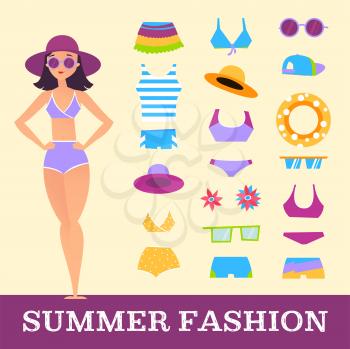 Beach fashion. Girl and miscellaneous clothes accessories. Cartoon style woman fashion clothing illustration vector