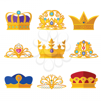Princess diadems and golden crowns of kings and queens. Vector set isolate on white. Jewelry royal crown, illustration of king crown