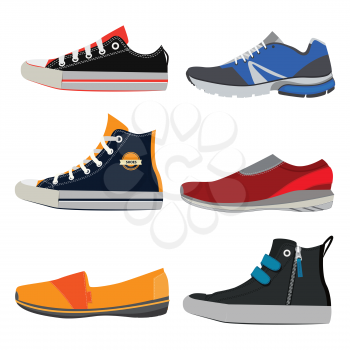 Teenage sports shoes. Colorful sneakers at different styles. Vector illustrations set of footwear shoe training and trendy, fitness boot