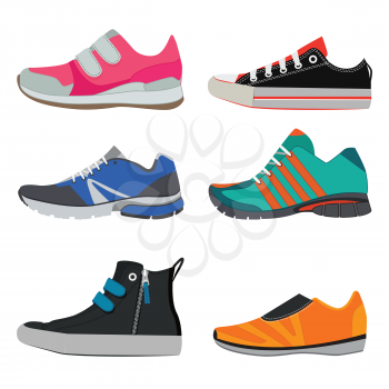 Fashion pictures of different sport sneakers. Vector pictures of colorful shoes. Fashion footwear style. Vector illustration