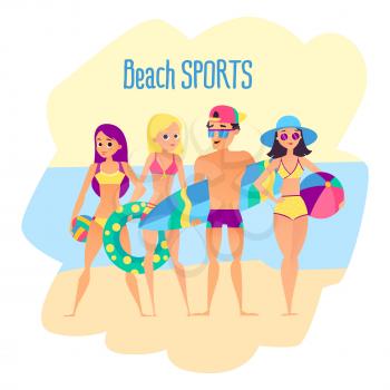 Beach sports. Four young people on the beach. Group of summer friendship. Vector illustration