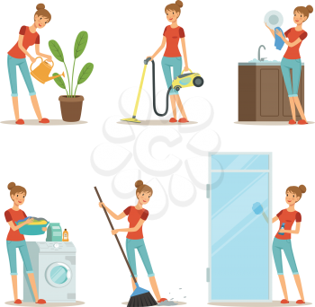 Woman making different housework. Active mother at homework. Vector illustration in cartoon style. Housewife mother and housework cartoon