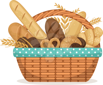 Vector illustration for bakery shop. Basket with wheat and fresh bread. Bakery bread in wicker basket, food healthy breakfast