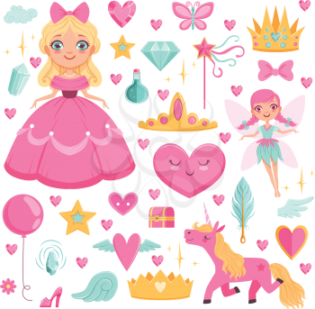 Princess with fairytale unicorn, wizard and their magic elements. Vector pictures set magic unicorn and wizard illustration