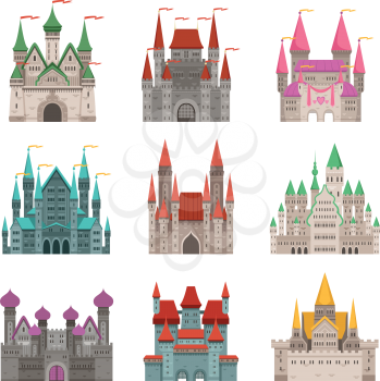 Fairytale old medieval castles or palaces with towers. Vector pictures in cartoon style. Tower castle building and fortress, architecture palace illustration