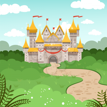 Fantasy landscape with fairytale castle. Vector illustration in cartoon style. Medieval tower house, cartoon fortress castle building
