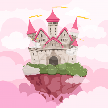 Fairytale castle with big towers in the sky. Fantasy landscape background. Fantasy castle with tower in sky and pink clouds. Vector illustration