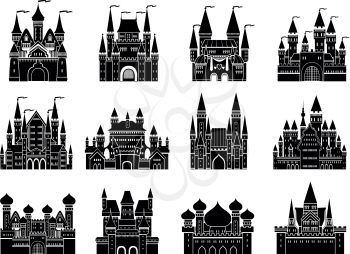 Monochrome vector illustrations set with different medieval old castles and towers. Castle building fortress monochrome, historic medieval castle