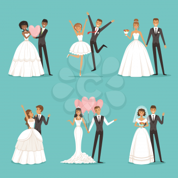 Married couple characters set. Wedding mascot design in cartoon style. Brides in beautiful clothes. Wedding cartoon couple man and woman illustration