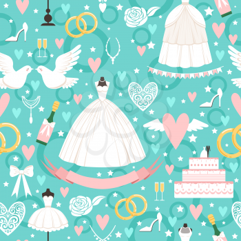 Seamless pattern with different wedding symbols in cartoon style. Wedding background with cake ribbon nad white dress illustration