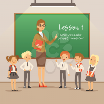 Children with teacher on the lesson in classroom. Vector school background. Education in classroom with teacher illustration