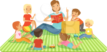 Teacher and kids in big classroom at lesson. Childrens sitting at their dasks. Vector illustrations in cartoon style. Teacher read book for children