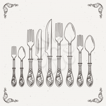 Sketched illustration of retro tableware. Vector pictures of spoon, fork and knife. Vintage tableware cutlery, silverware drawing sketch
