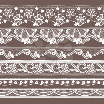 Set of six lace ribbons horizontal seamless patterns. Vector needlework illustrations. Lace pattern decoration textile