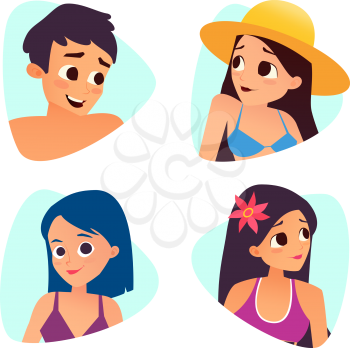 Set of summer cartoon avatars. Cartoon style character people. Vector illustration